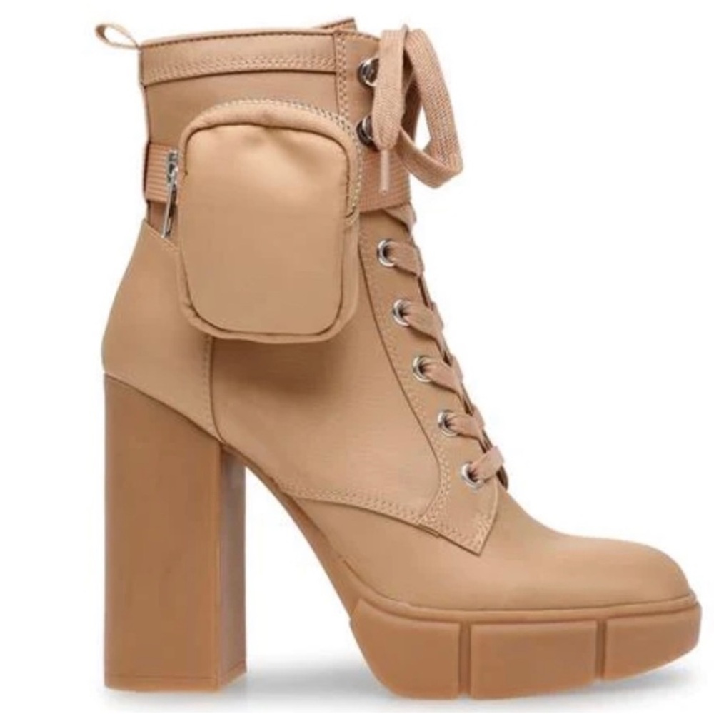 Steve Madden Herrick Block Heel Platform Ankle-Strapped Pouch Boots Tan - Size 8